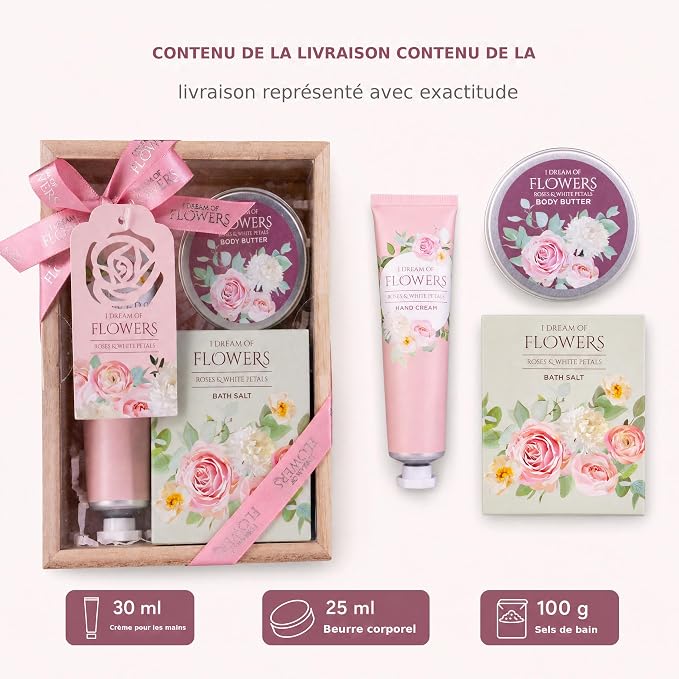 Coffret trio cosmétique Accentra coffret cadeau en bois 100 g sels de bain roses et pétales blancs