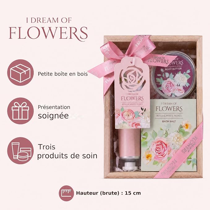 Coffret trio cosmétique Accentra coffret cadeau en bois 100 g sels de bain roses et pétales blancs