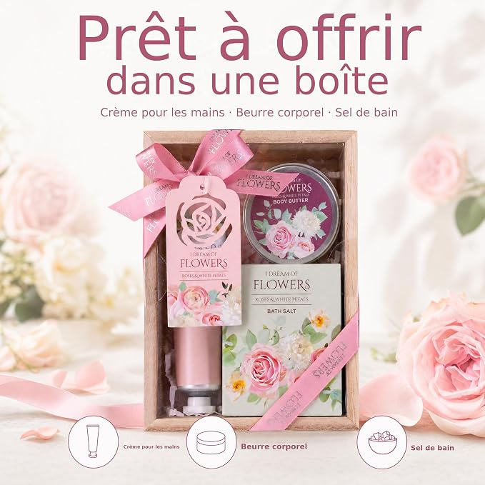 Coffret trio cosmétique Accentra coffret cadeau en bois 100 g sels de bain roses et pétales blancs