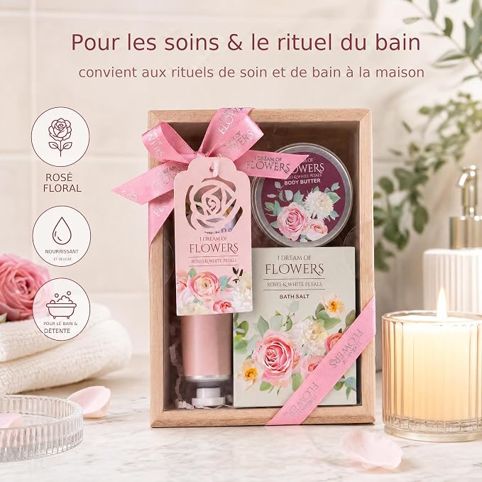Coffret trio cosmétique Accentra coffret cadeau en bois 100 g sels de bain roses et pétales blancs