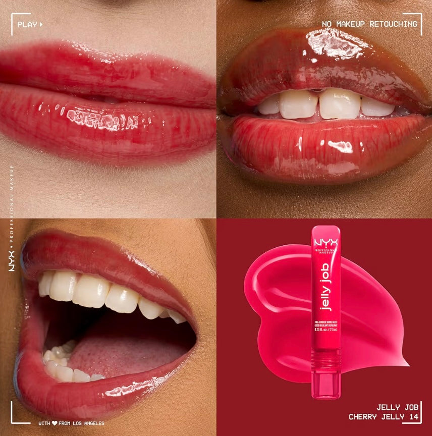 NYX Professional Makeup Jelly Job Gloss Haute Brillance Cherry Jelly 14
Formule infusée peptides, Applicateur spatule silicone K-beauty, Vegan sans ingrédients animaux, Parfum cerise