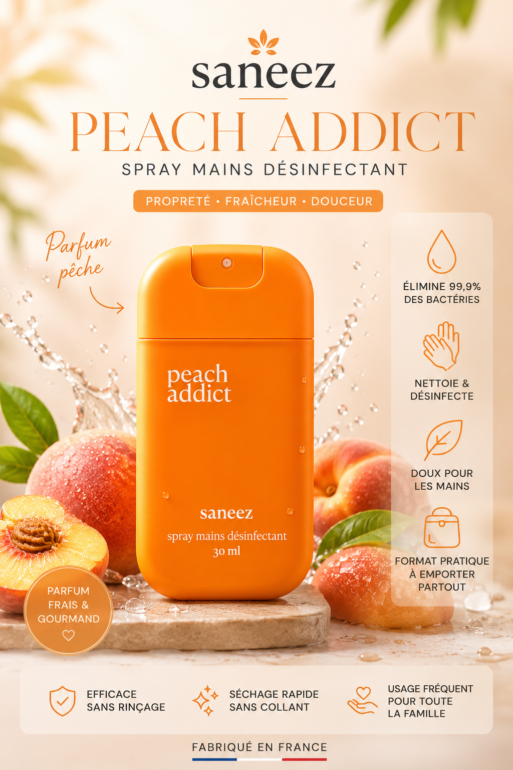 Spray Désinfectant Mains - Pêche, 30ml