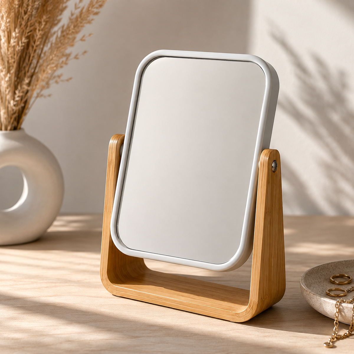 Miroir à poser en bambou rectangulaire 22x16cm - Blanc