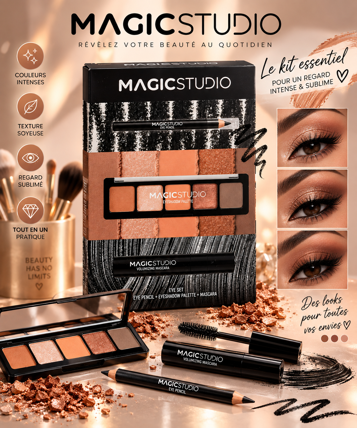 Coffret maquillage des yeux : palette, eyeliner et mascara - Magic Studio